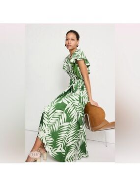 Hutch Green and White Tropical Leaf Maxi Dress